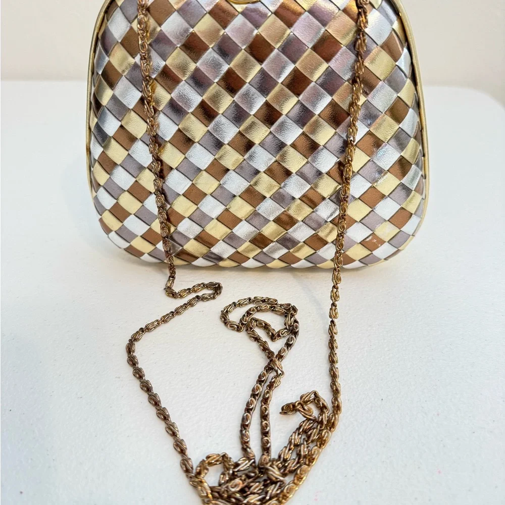 Gold and Silver Woven Metallic Chain Shoulder Bag